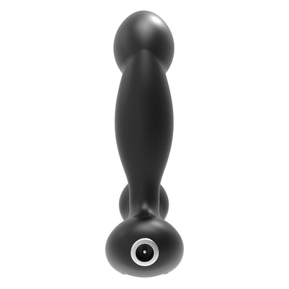 A sleek, black Bathmate Prostate Pro Massager is shown side-on. Its smooth surface and rounded tip with circular detail promise male pleasure. Positioned vertically on a white background, this elegant massager invites exploration and comes with a storage case.