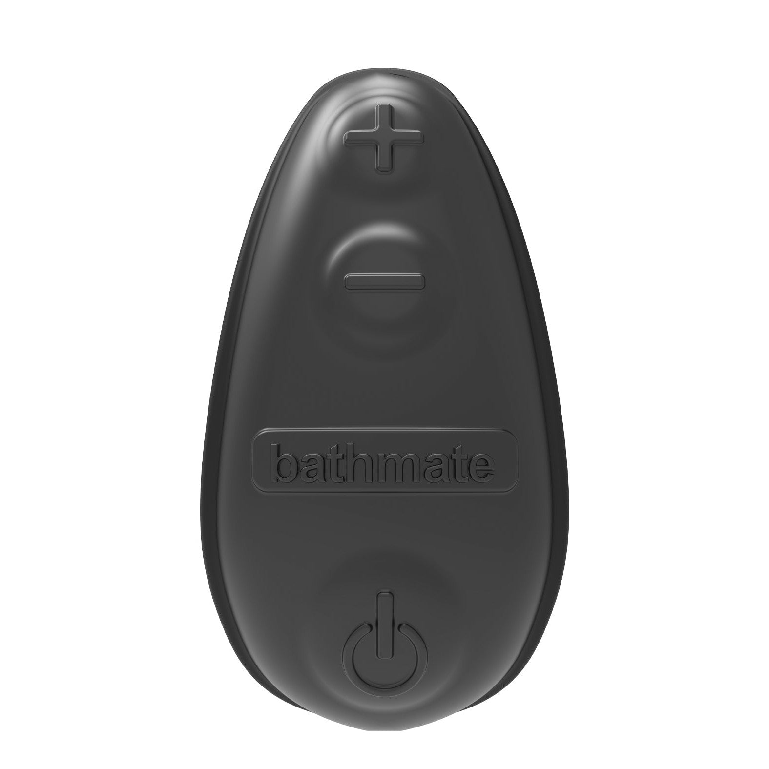 The Bathmate Prostate Pro Massager, an oval-shaped black device for male pleasure, features three buttons: a plus sign at the top, a minus sign in the middle, and a power symbol at the bottom. The bathmate logo is embossed centrally, enhancing its dual stimulation capabilities.