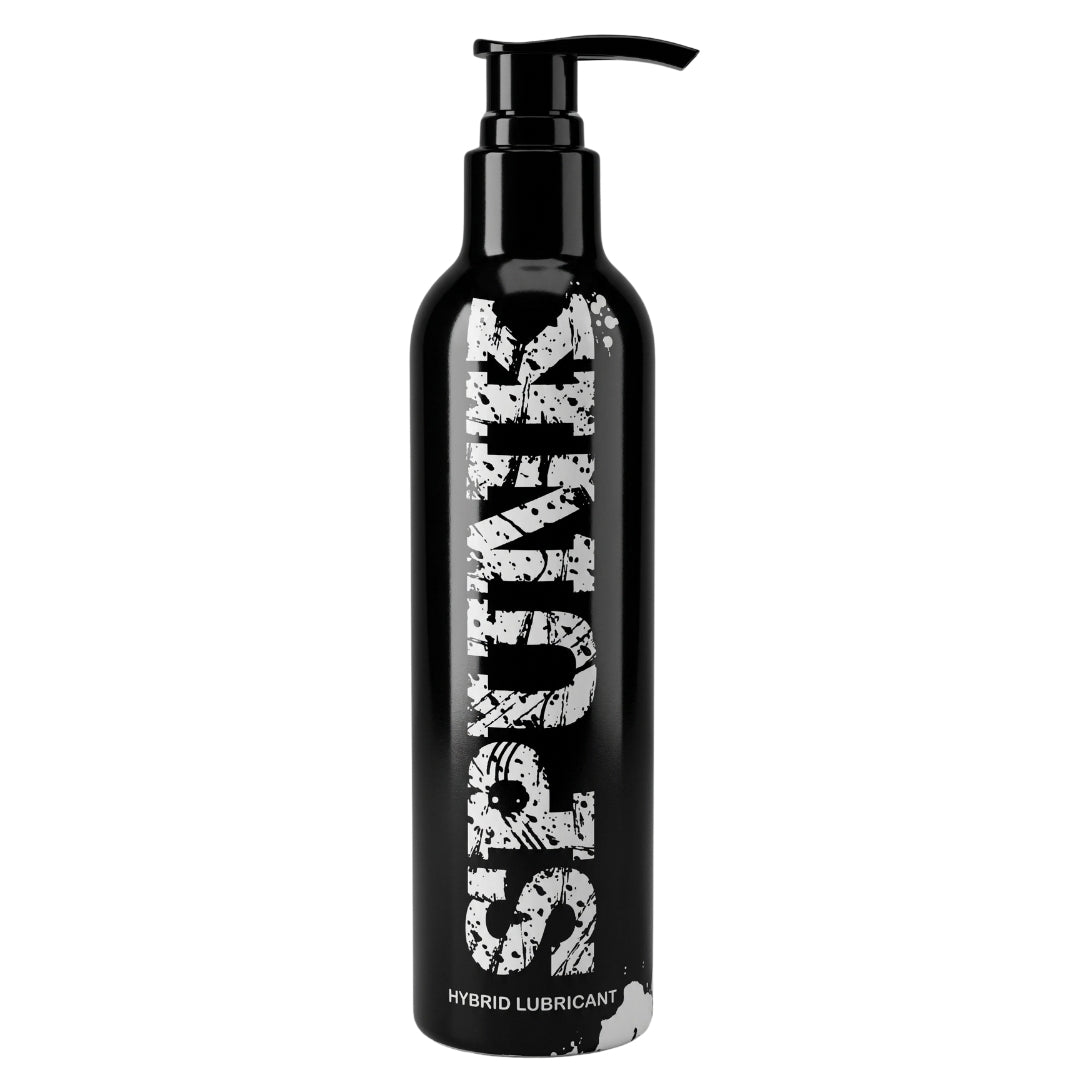 A tall black pump bottle labeled "SQUIRT" in bold white letters contains Spunk Lube's Spunk Hybrid Lube, a premium silicone hybrid lubricant.