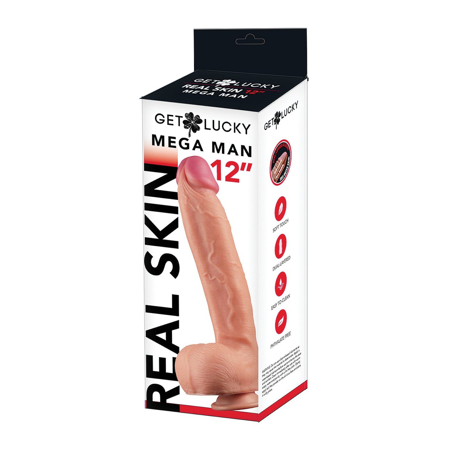 The Get Lucky 12\ Real Skin Series Mega Man box features an ultra-realistic dildo made with dual-layered silicone for a lifelike experience, showcasing its benefits and branding alongside a vivid product image.