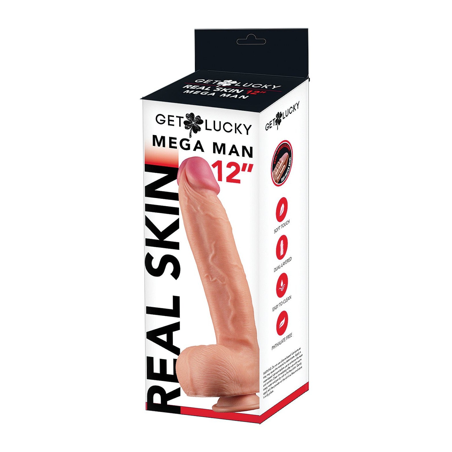 The Get Lucky 12\ Real Skin Series Mega Man box features an ultra-realistic dildo made with dual-layered silicone for a lifelike experience, showcasing its benefits and branding alongside a vivid product image.