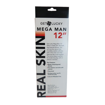 The Get Lucky 12 Real Skin Series Mega Man box features dual-layered silicone for realism, a strong suction cup, and is mostly white with bold black and red text, including REAL SKIN for authenticity.