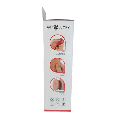 A package against a white background features the Get Lucky brand, promoting the 12 Real Skin Series Mega Man dildo. It boasts dual-layered silicone for realistic feel with a soft outer shaft, firm core, and suction base. Quality and certification logos are displayed at the bottom.