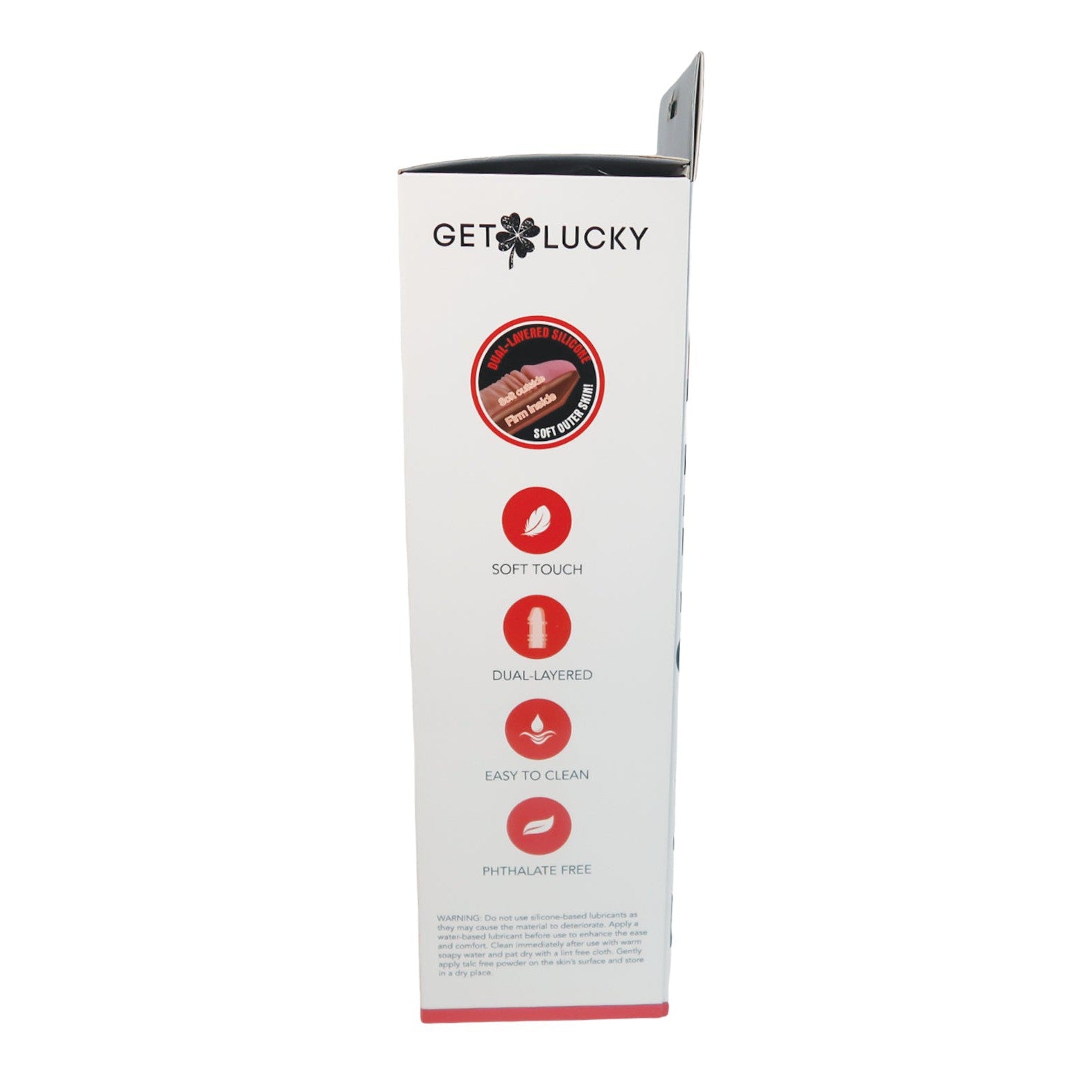 The side view of the Get Lucky 12 Real Skin Series Mega Man box shows GET LUCKY at the top. It features SOFT TOUCH, DUAL-LAYERED SILICONE, EASY TO CLEAN, and PHTHALATE FREE. A warning is in small text at the bottom. Ideal for an ultra-realistic experience.