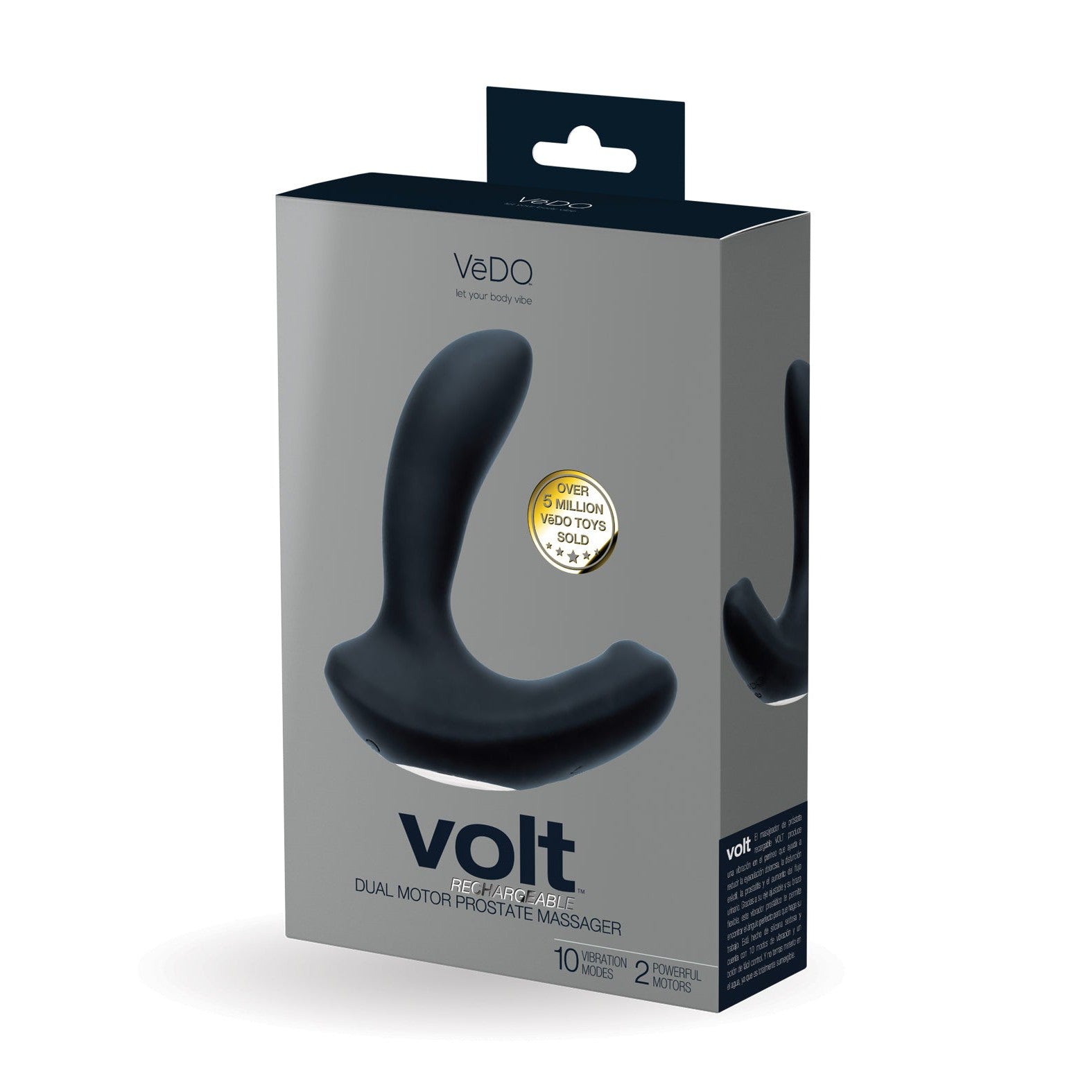 The VeDO Volt Rechargeable Prostate Vibe - Black packaging showcases a sleek black device. Key features include 10 vibration modes, dual powerful motors, and perineum vibration for a heightened experience.