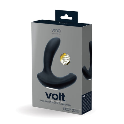 The VeDO Volt Rechargeable Prostate Vibe - Black packaging showcases a sleek black device. Key features include 10 vibration modes, dual powerful motors, and perineum vibration for a heightened experience.
