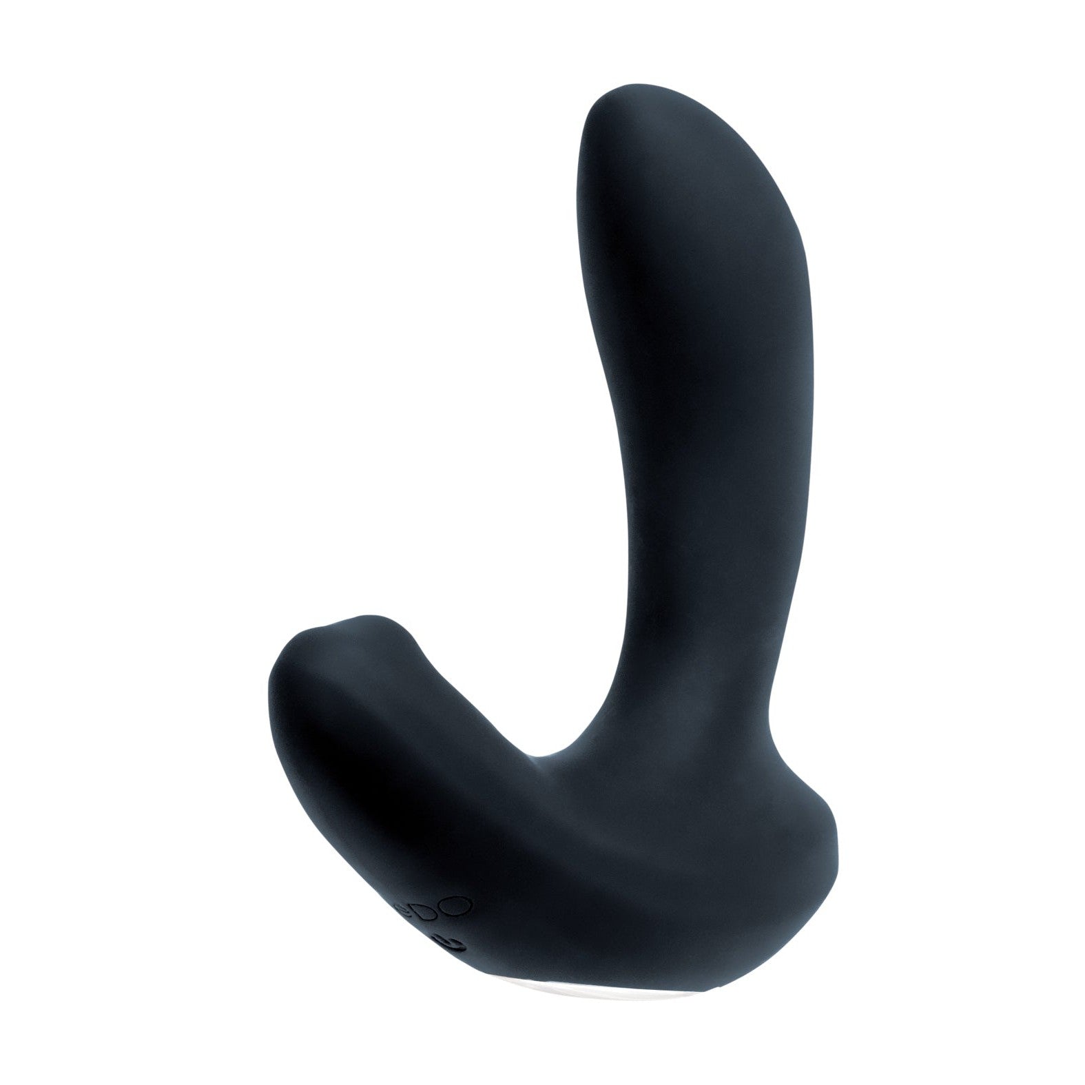 The VeDo Volt Rechargeable Prostate Vibe - Black by VeDO is a sleek, curved silicone massager with a long, rounded stem and short base. Its smooth, seamless surface provides perineum vibration for enhanced pleasure.