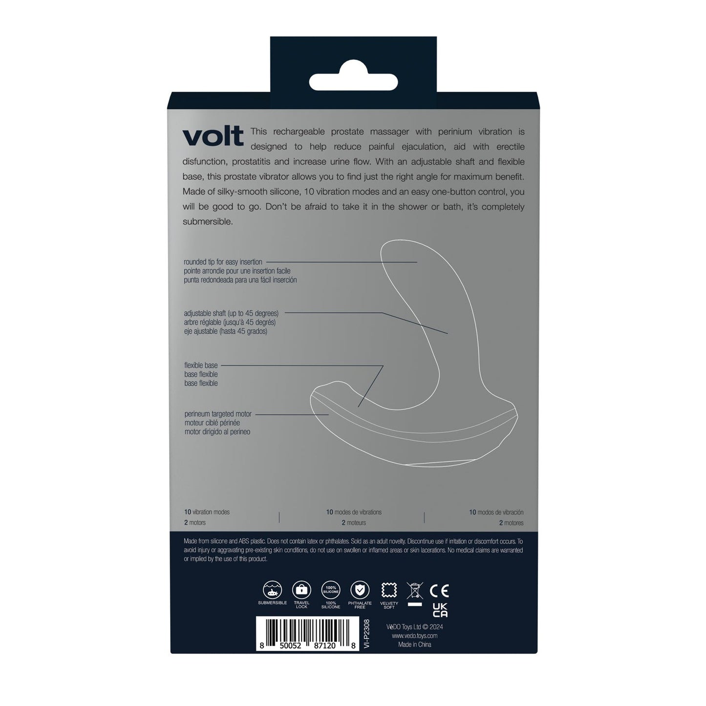 The packaging for VeDOs Volt Rechargeable Prostate Vibe in black highlights its sleek design and features, emphasizing benefits like reducing pain, improving prostate function, aiding erectile dysfunction, and offering perineum vibration details along with technical specifications.