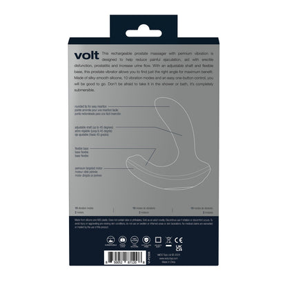 The packaging for VeDOs Volt Rechargeable Prostate Vibe in black highlights its sleek design and features, emphasizing benefits like reducing pain, improving prostate function, aiding erectile dysfunction, and offering perineum vibration details along with technical specifications.