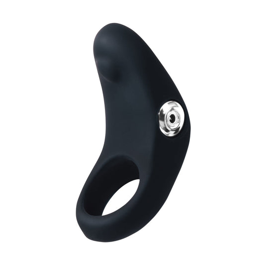 The VeDO Rev Rechargeable C Ring, by VeDO, features sleek black silicone, a silver metallic button on one side, and a curved design for powerful vibrations and ergonomic handling.
