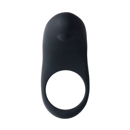 The VeDO Rev Rechargeable C Ring is an elegant silicone piece with a sleek black design. It features a smooth, curved structure with a prominent round opening and a rounded, slightly raised top that has a silky matte finish.