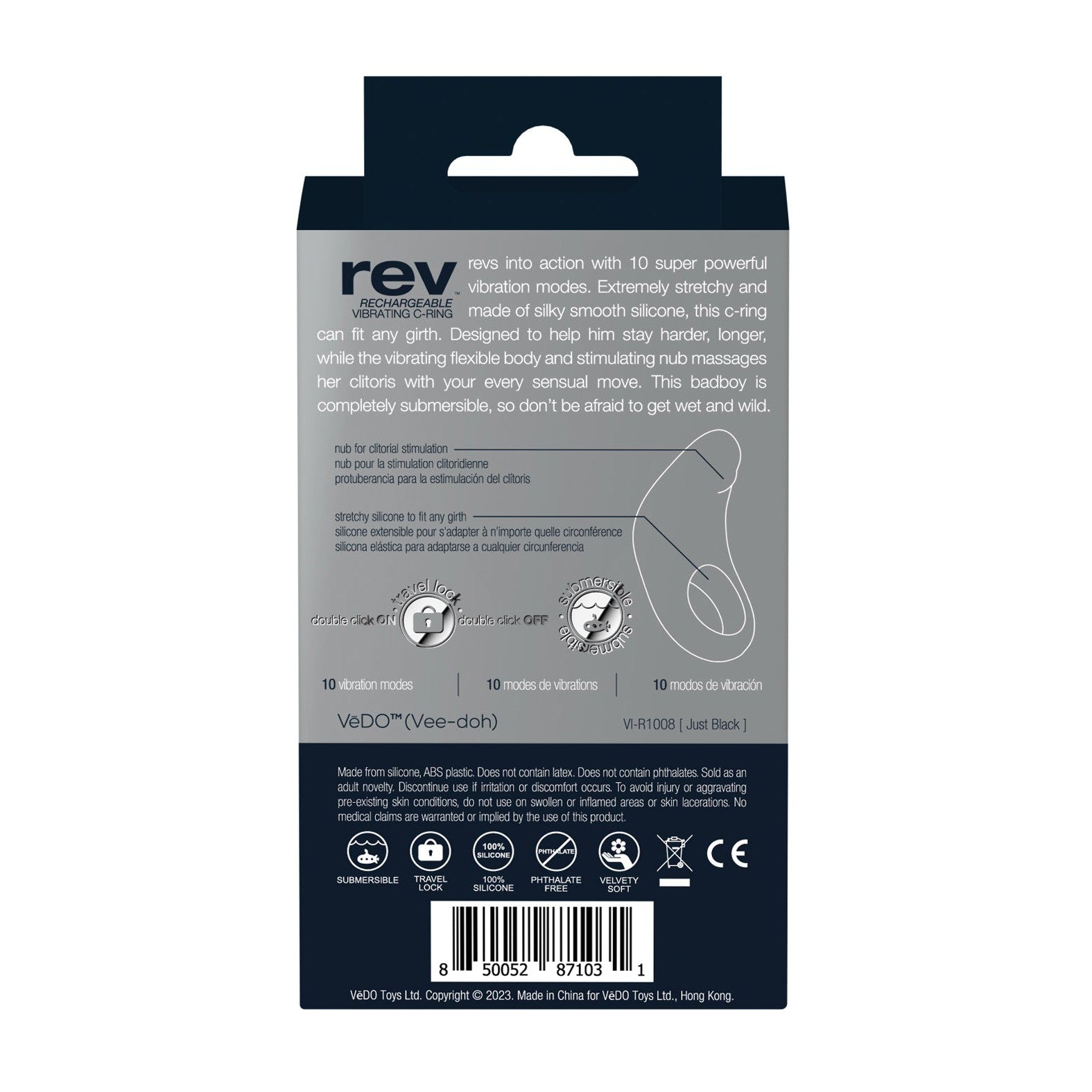 The back packaging of the VeDO Rev Rechargeable C Ring showcases its silky smooth silicone, 10 powerful vibe modes, waterproof design, and convenient wireless charging. Barcodes, a QR code, and manufacturing details are neatly displayed at the bottom.