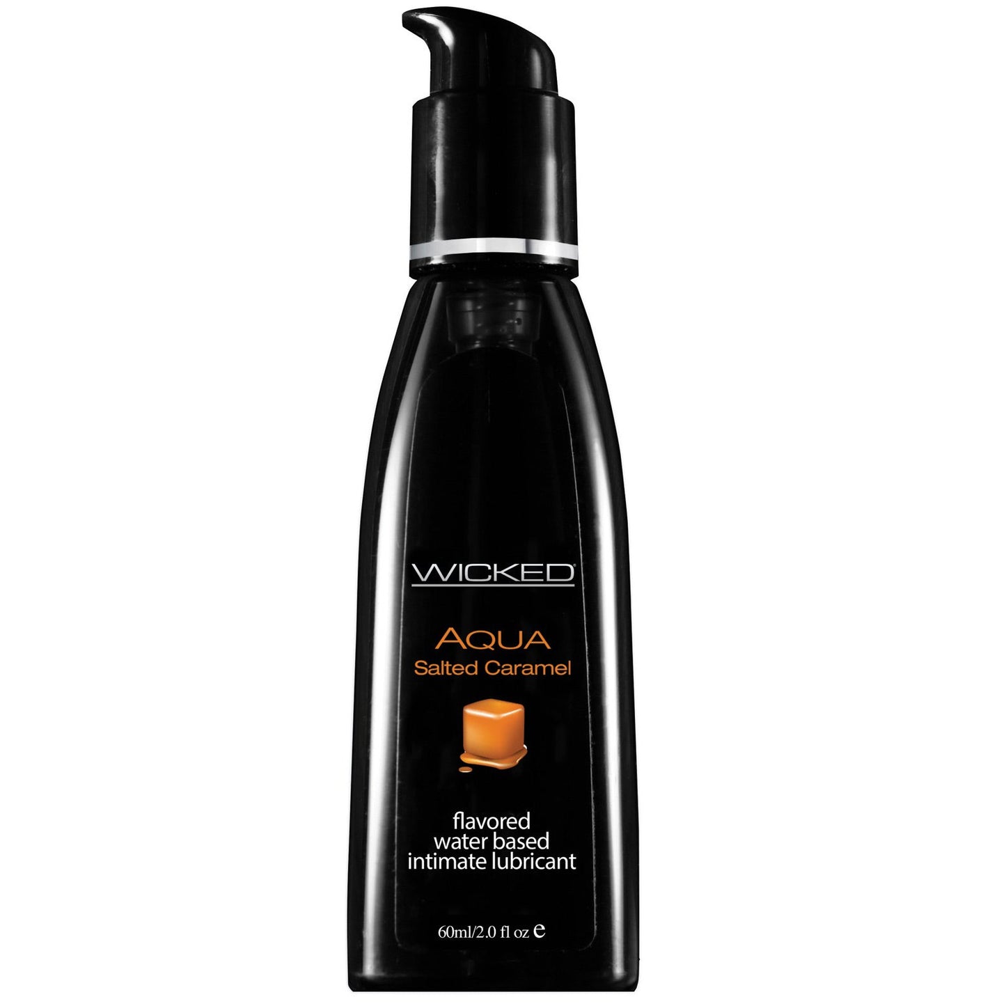 A sleek black bottle labeled Wicked Sensual Care Aqua Salted Caramel has a pump top and caramel imagery, delivering a vegan, water-based experience with 60 ml of natural lubricant to enhance your moments.