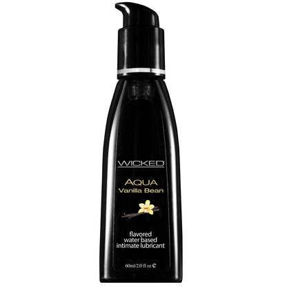 The Wicked Sensual Care Aqua Waterbased Lubricant by Wicked Sensual is a black 60ml (2.0 fl oz) bottle of vanilla bean-flavored water-based lubricant with a pump dispenser, featuring a vanilla flower on the label and highlighting its vegan formula with natural ingredients.