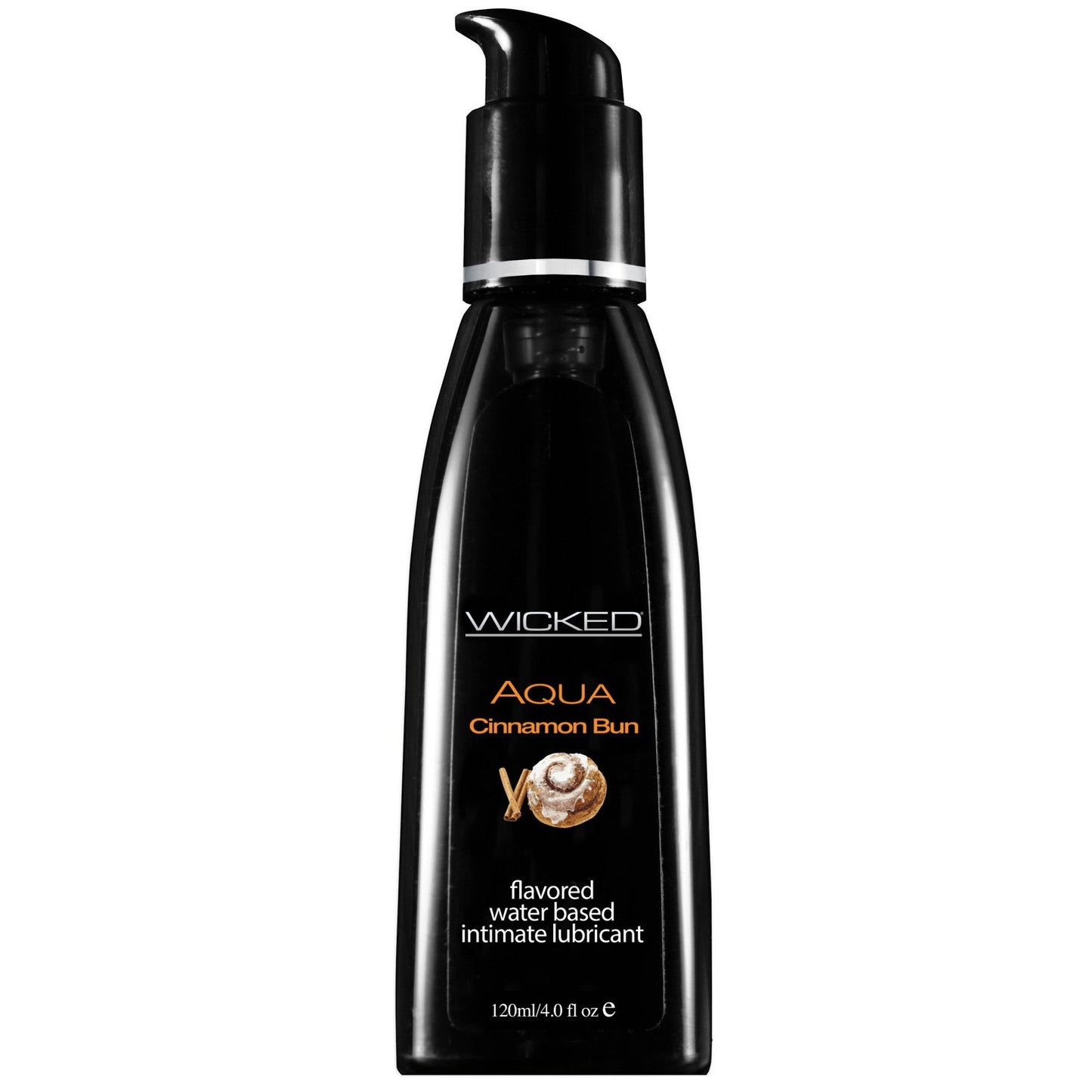 The black bottle of Wicked Sensual Care Aqua Cinnamon Bun water-based lubricant by Wicked Sensual features a pump dispenser and swirl design, offering 120ml (4.0 fl oz) of natural and vegan-friendly formulation for an enhanced experience.