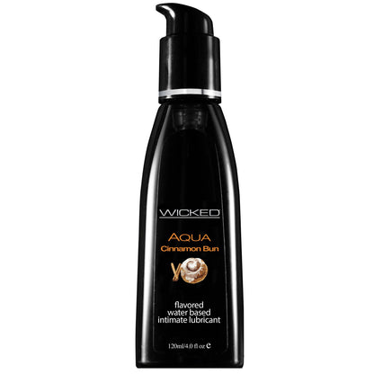 The black bottle of Wicked Sensual Care Aqua Cinnamon Bun water-based lubricant by Wicked Sensual features a pump dispenser and swirl design, offering 120ml (4.0 fl oz) of natural and vegan-friendly formulation for an enhanced experience.