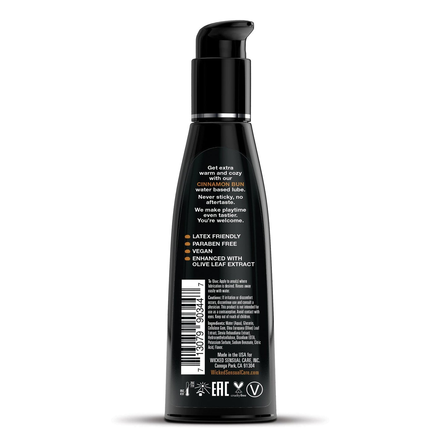 The Wicked Sensual Care Aqua Waterbased Lubricant, by Wicked Sensual, comes in a sleek black bottle with a pump top. It features crisp white text emphasizing its latex-friendly, paraben-free, and olive leaf extract-infused formula. This vegan natural lubricant ensures a gentle experience with the barcode and brand logo neatly at the bottom.