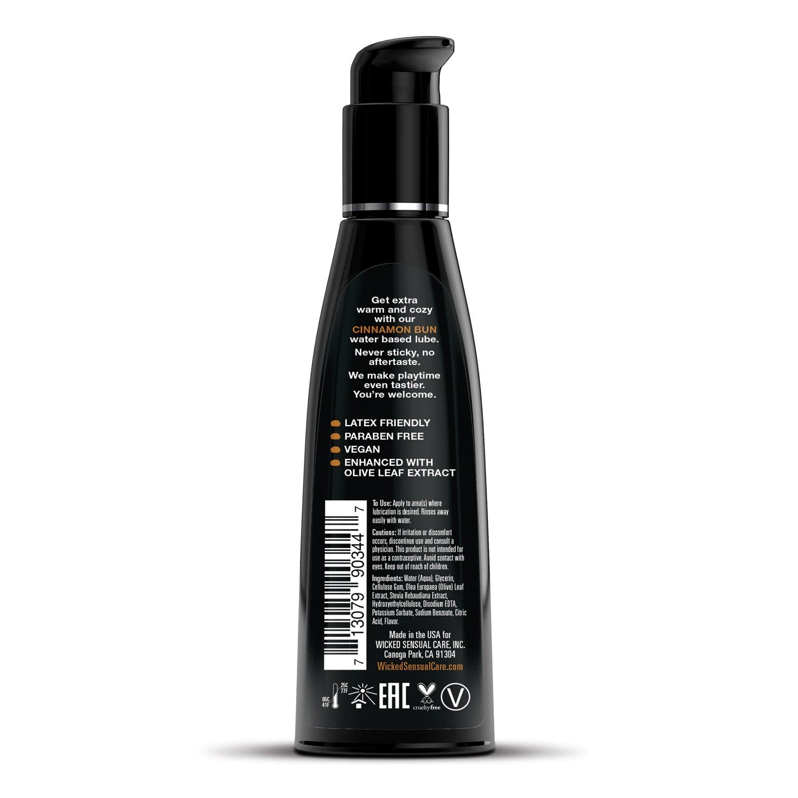The Wicked Sensual Care Aqua Waterbased Lubricant, by Wicked Sensual, comes in a sleek black bottle with a pump top. It features crisp white text emphasizing its latex-friendly, paraben-free, and olive leaf extract-infused formula. This vegan natural lubricant ensures a gentle experience with the barcode and brand logo neatly at the bottom.