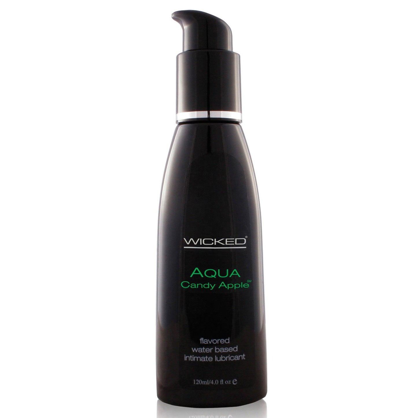 A 120 ml (4.0 fl oz) black bottle of Wicked Sensual Care Aqua Waterbased Lubricant by Wicked Sensual, featuring a vegan, candy apple fruit-flavored water-based intimate lubricant with a pump dispenser.