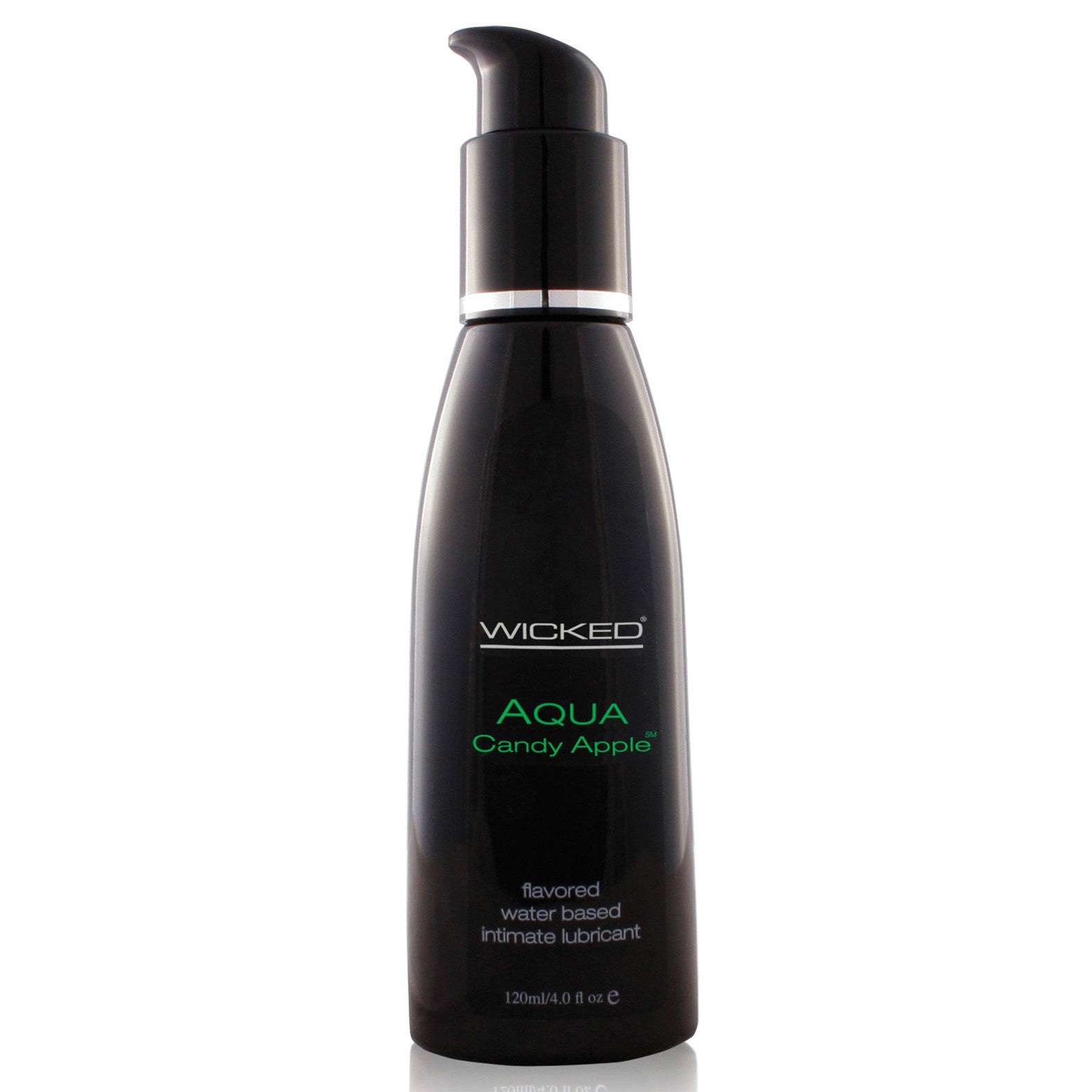 A 120 ml (4.0 fl oz) black bottle of Wicked Sensual Care Aqua Waterbased Lubricant by Wicked Sensual, featuring a vegan, candy apple fruit-flavored water-based intimate lubricant with a pump dispenser.