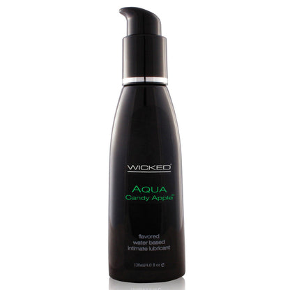A 120 ml (4.0 fl oz) black bottle of Wicked Sensual Care Aqua Waterbased Lubricant by Wicked Sensual, featuring a vegan, candy apple fruit-flavored water-based intimate lubricant with a pump dispenser.