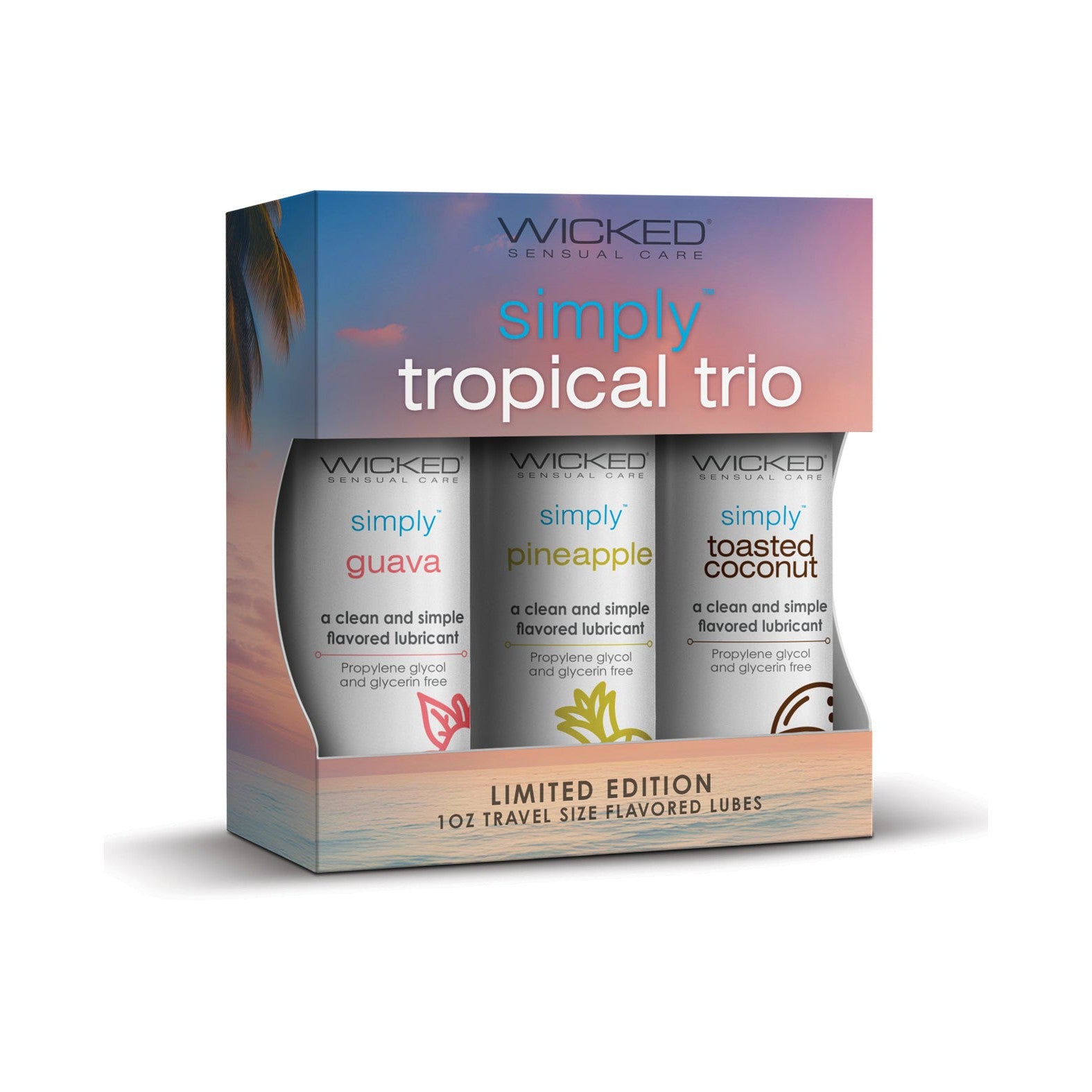 Explore the Wicked Tropical Trio Travel Size Lubes, featuring three 1oz water-based flavors: guava, pineapple, and toasted coconut. This limited edition set is vegan, cruelty-free, and beautifully tropical-themed.