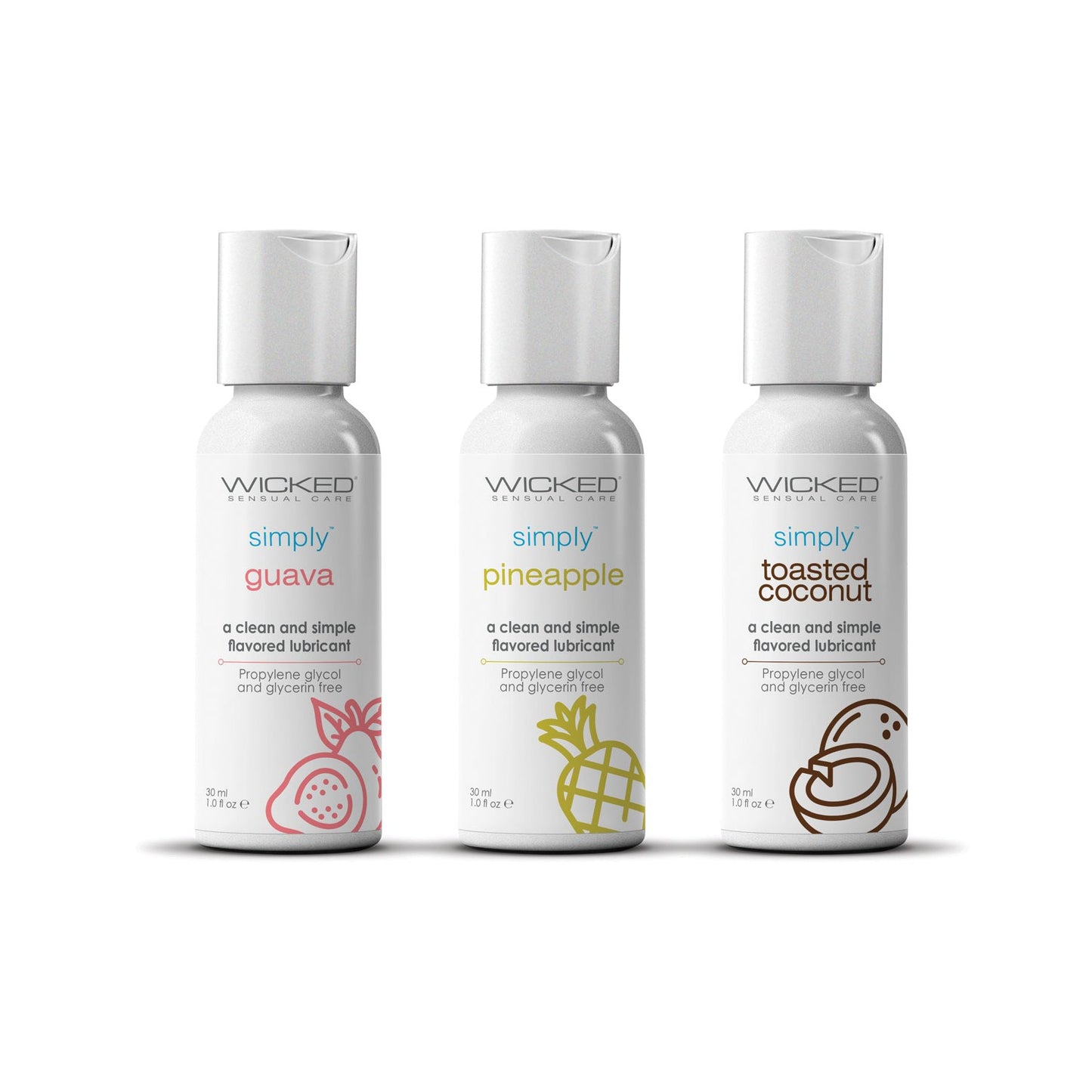 Three bottles of Wickeds Tropical Trio Travel Size Flavored Lubes are side by side, featuring guava, pineapple, and toasted coconut flavors. Each water-based, vegan, cruelty-free bottle is adorned with small fruit illustrations.