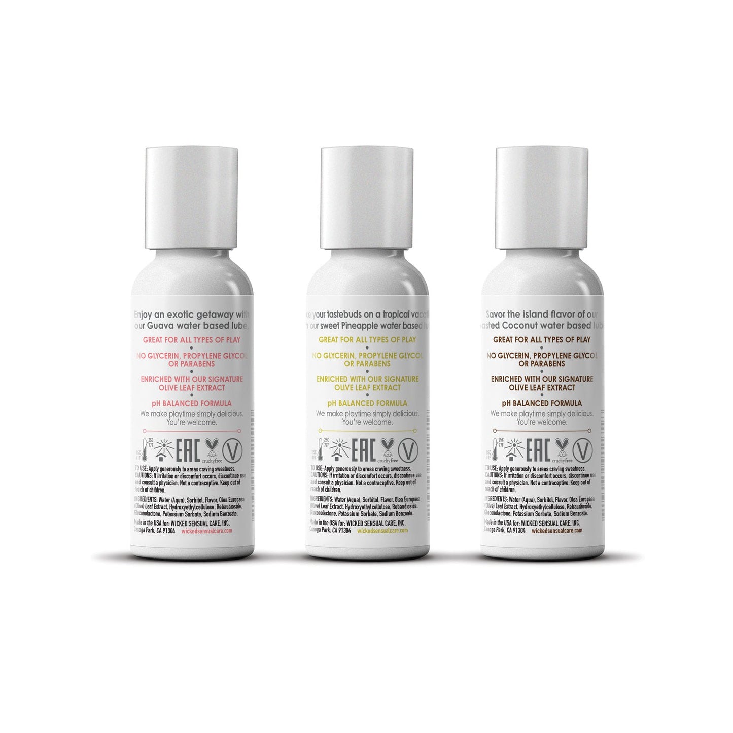 Three white bottles from Wickeds Tropical Trio Travel Size Flavored Lubes, featuring Coconut Water-based, vegan, and cruelty-free products with colorful labels displaying benefits, ingredients, and pH balance. They are neatly aligned against a white background.
