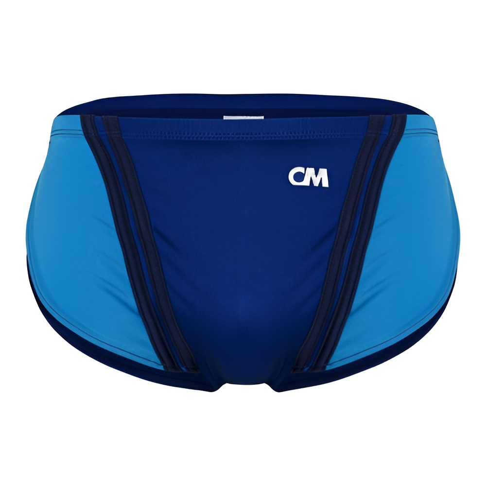 Mens blue swim briefs have a contour pouch and dark blue center with lighter blue sides, black vertical stripes, and a white logo. They are soft, stretchy, and comfortable like Cover Male Running Shorts.