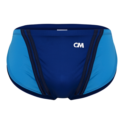 Mens blue swim briefs have a contour pouch and dark blue center with lighter blue sides, black vertical stripes, and a white logo. They are soft, stretchy, and comfortable like Cover Male Running Shorts.