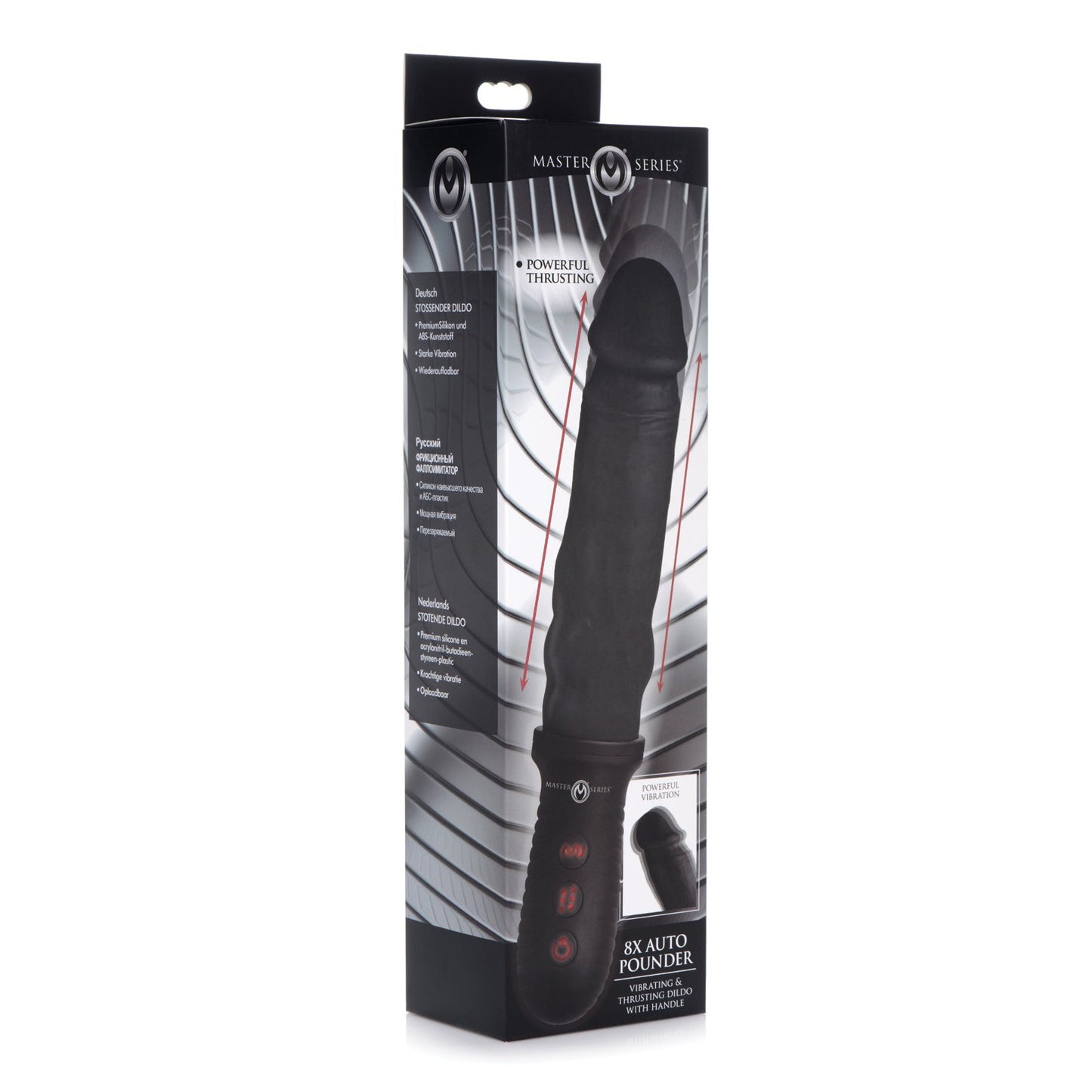 The image shows a black and gray box for the Master Series 8X Auto Pounder Vibrating & Thrusting Dildo, featuring an automatic thrusting design. It includes buttons and text that highlight its key features like Powerful Thrusting and Personal Penetration Machine.