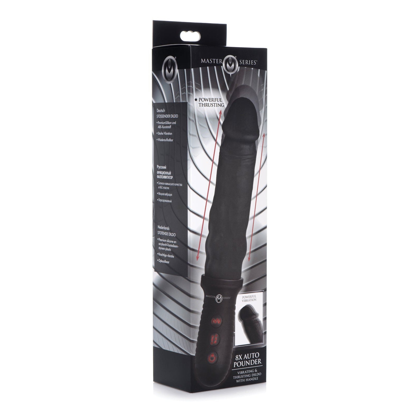 The image shows a black and gray box for the Master Series 8X Auto Pounder Vibrating & Thrusting Dildo, featuring an automatic thrusting design. It includes buttons and text that highlight its key features like Powerful Thrusting and Personal Penetration Machine.