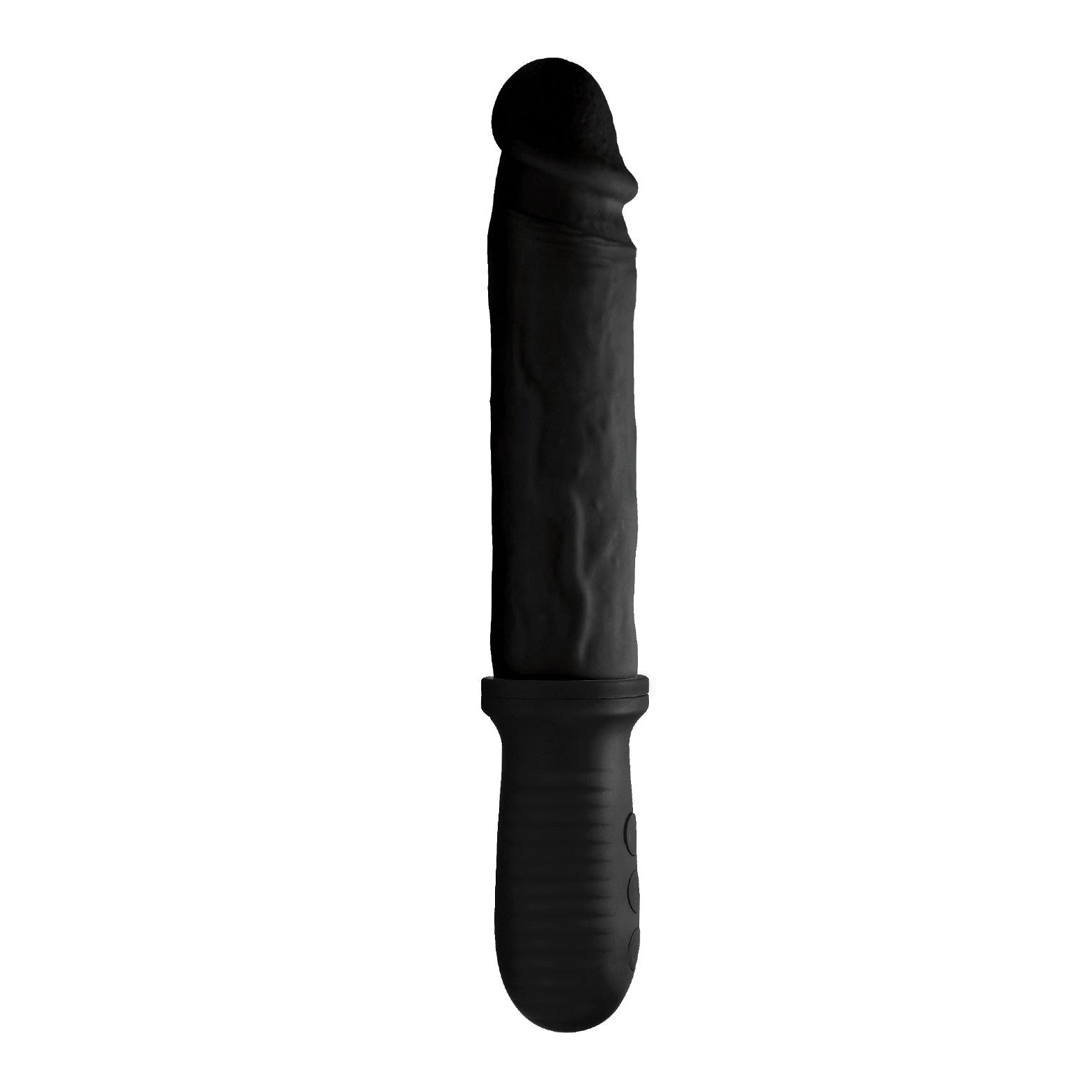 The Master Series 8X Auto Pounder Vibrating & Thrusting Dildo, featuring a black, rubber design with a realistic look and rounded top, includes a textured grip handle. Its powerful vibrations enhance the experience, all presented against a crisp white background.