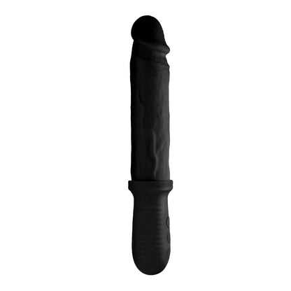 The Master Series 8X Auto Pounder Vibrating & Thrusting Dildo, featuring a black, rubber design with a realistic look and rounded top, includes a textured grip handle. Its powerful vibrations enhance the experience, all presented against a crisp white background.
