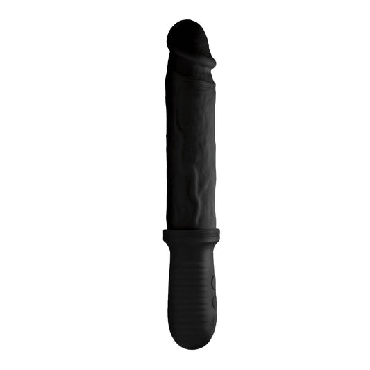 The Master Series 8X Auto Pounder Vibrating & Thrusting Dildo, featuring a black, rubber design with a realistic look and rounded top, includes a textured grip handle. Its powerful vibrations enhance the experience, all presented against a crisp white background.