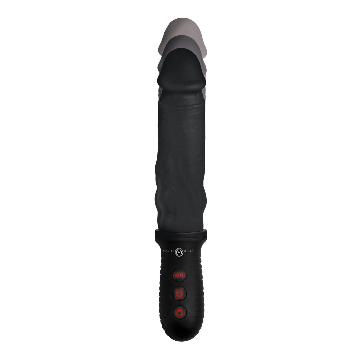 The Master Series 8X Auto Pounder Vibrating & Thrusting Dildo is a black, ribbed, cylindrical device with a flared top and buttoned handle. It features a realistic design and texture, powerful vibrations, and a grayscale tip.