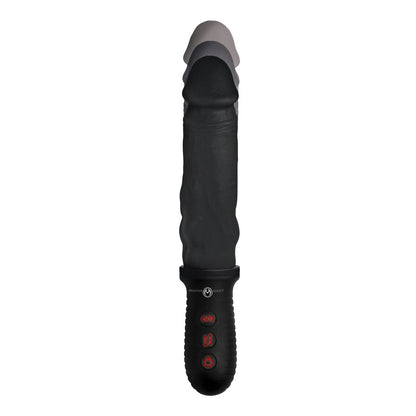 The Master Series 8X Auto Pounder Vibrating & Thrusting Dildo is a black, ribbed, cylindrical device with a flared top and buttoned handle. It features a realistic design and texture, powerful vibrations, and a grayscale tip.