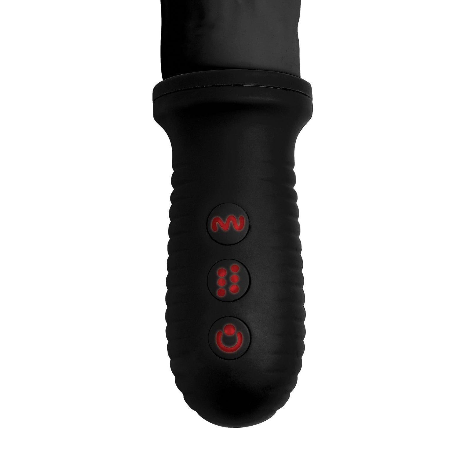A detailed look at the black handle of the Master Series 8X Auto Pounder Vibrating & Thrusting Dildo, with three red-lit buttons in a vertical layout. The textured grip ensures control, each button has unique symbols, and hints at dynamic power. Set against a plain white background.
