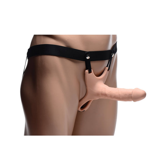 A mannequin torso displays the Size Matters Hollow Silicone Dildo Strap On, featuring a realistic hollow dildo attachment. Black secure stability straps ensure it stays firmly in place, extending outward against the plain white background.