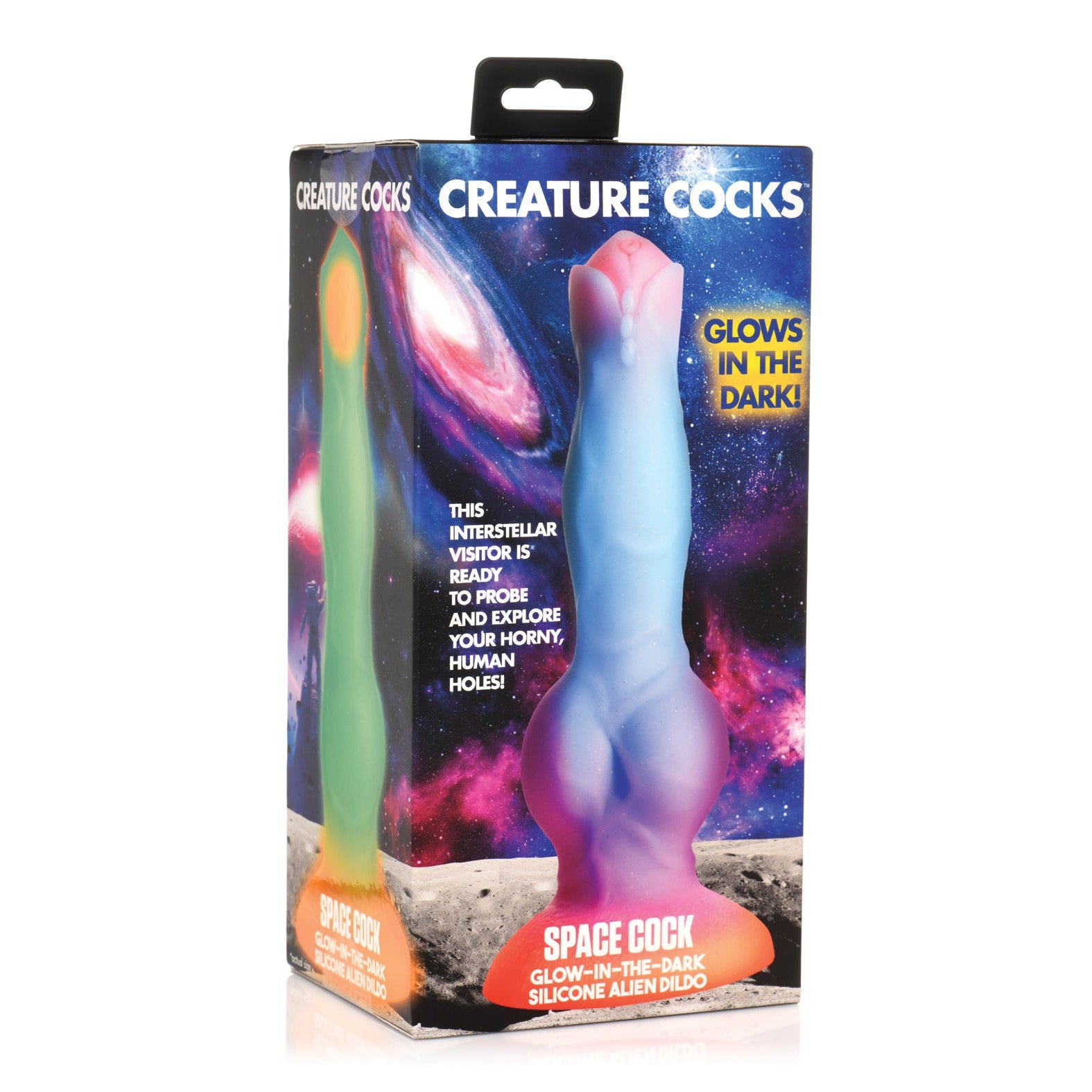 The Creature Cocks Space Cock Silicone Alien Dildo features stellar space-themed packaging and a glow-in-the-dark design, ideal for man-on-man fantasies with its extraterrestrial allure.