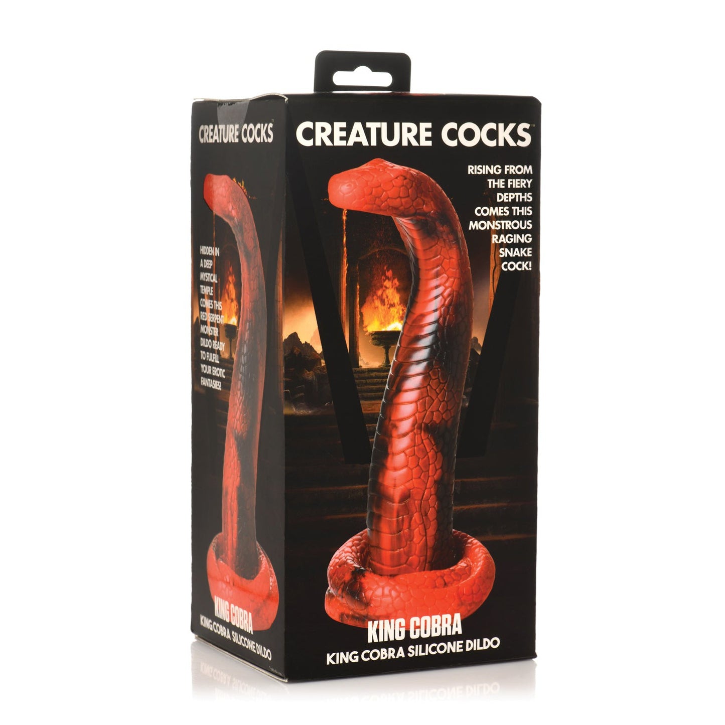 The Creature Cocks King Cobra Silicone Dildo box showcases a striking red cobra design and dramatizes it as rising from fiery depths, capturing intrigue and allure.