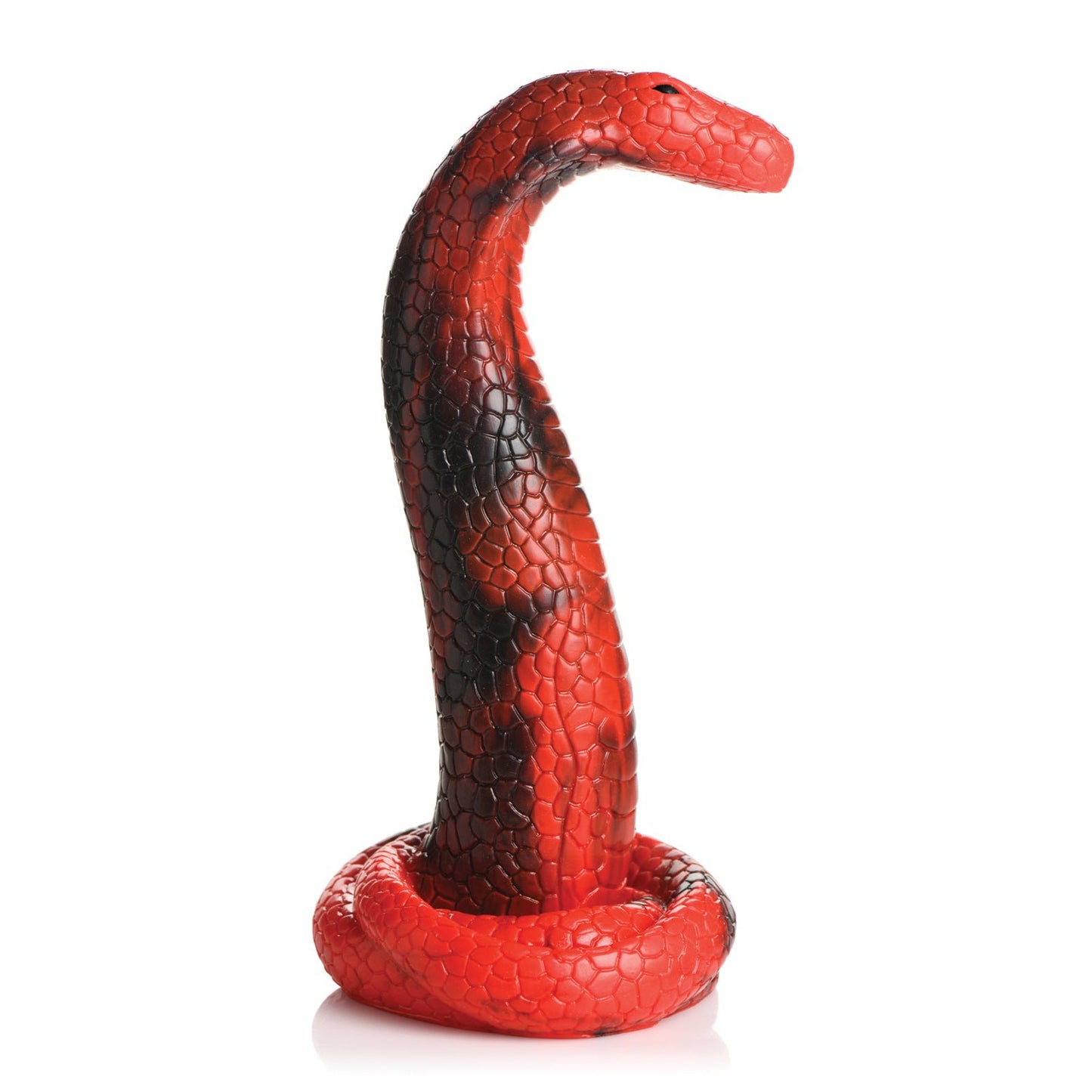A red and black Creature Cocks King Cobra Silicone Dildo, with a textured surface and coiled base, curves upwards against a white background.