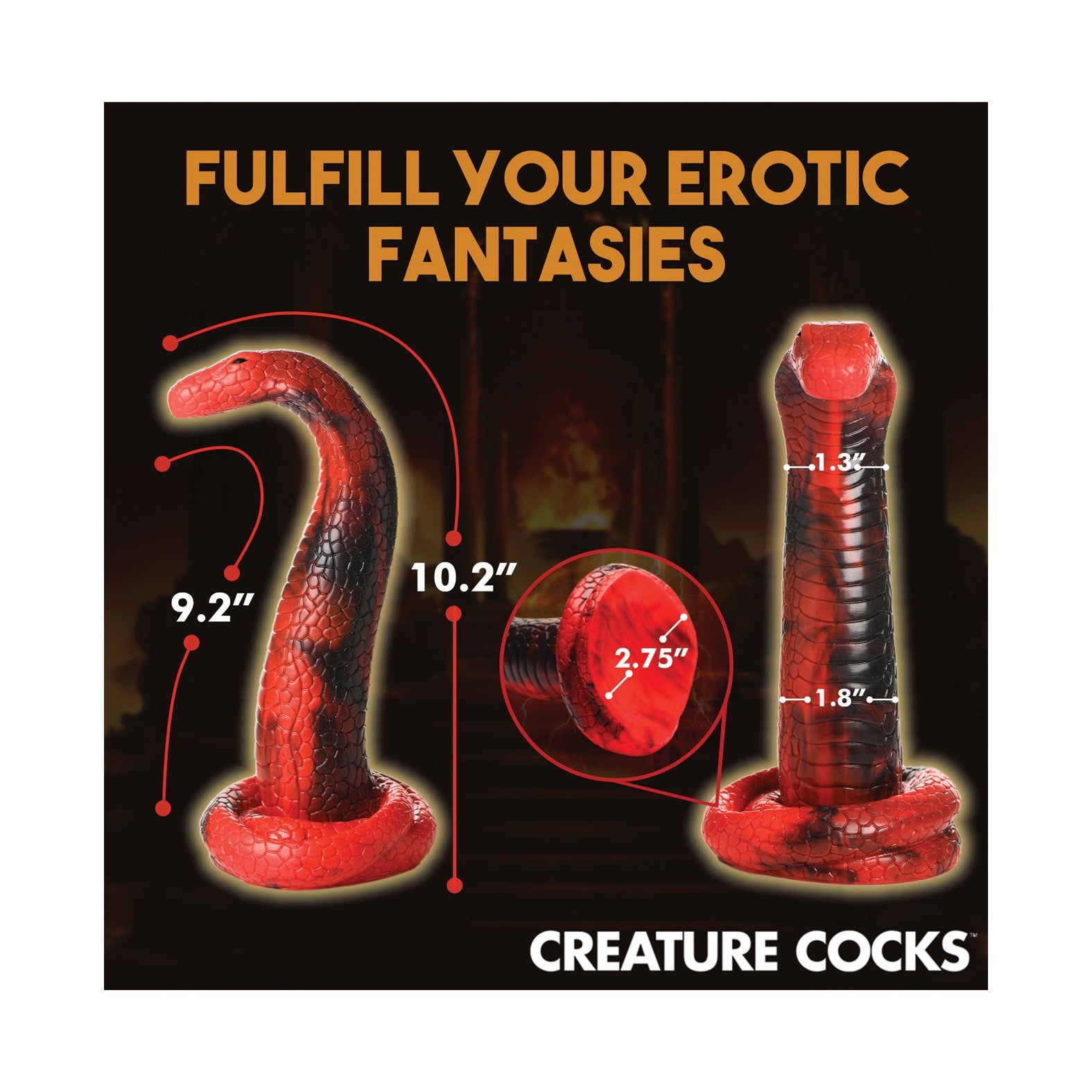 A promotional image for Creature Cocks unveils the King Cobra Silicone Dildo, highlighting two fantasy-themed red and black designs. It measures 9.2 inches and 10.2 inches in height, with diameters of 2.75 inches and 1.8 inches, accompanied by the text Fulfill Your Erotic Fantasies.