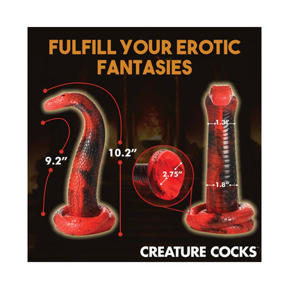 A promotional image for Creature Cocks unveils the King Cobra Silicone Dildo, highlighting two fantasy-themed red and black designs. It measures 9.2 inches and 10.2 inches in height, with diameters of 2.75 inches and 1.8 inches, accompanied by the text Fulfill Your Erotic Fantasies.