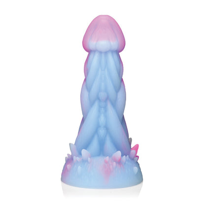 The Creature Cocks Nomura Jellyfish Silicone Dildo features an oceanic design with a gradient from pink to blue, bumpy textures, and a base with jagged, spike-like accents.
