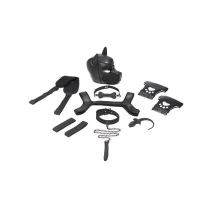 The Master Series Pup Arsenal Set, set against a white backdrop, showcases black leather gear including a dog mask, harness, wrist restraints, and paddles. It features a collar with chain and tail plug, along with the Neoprene Pup Hood by Master Series for an enhanced pup play experience.