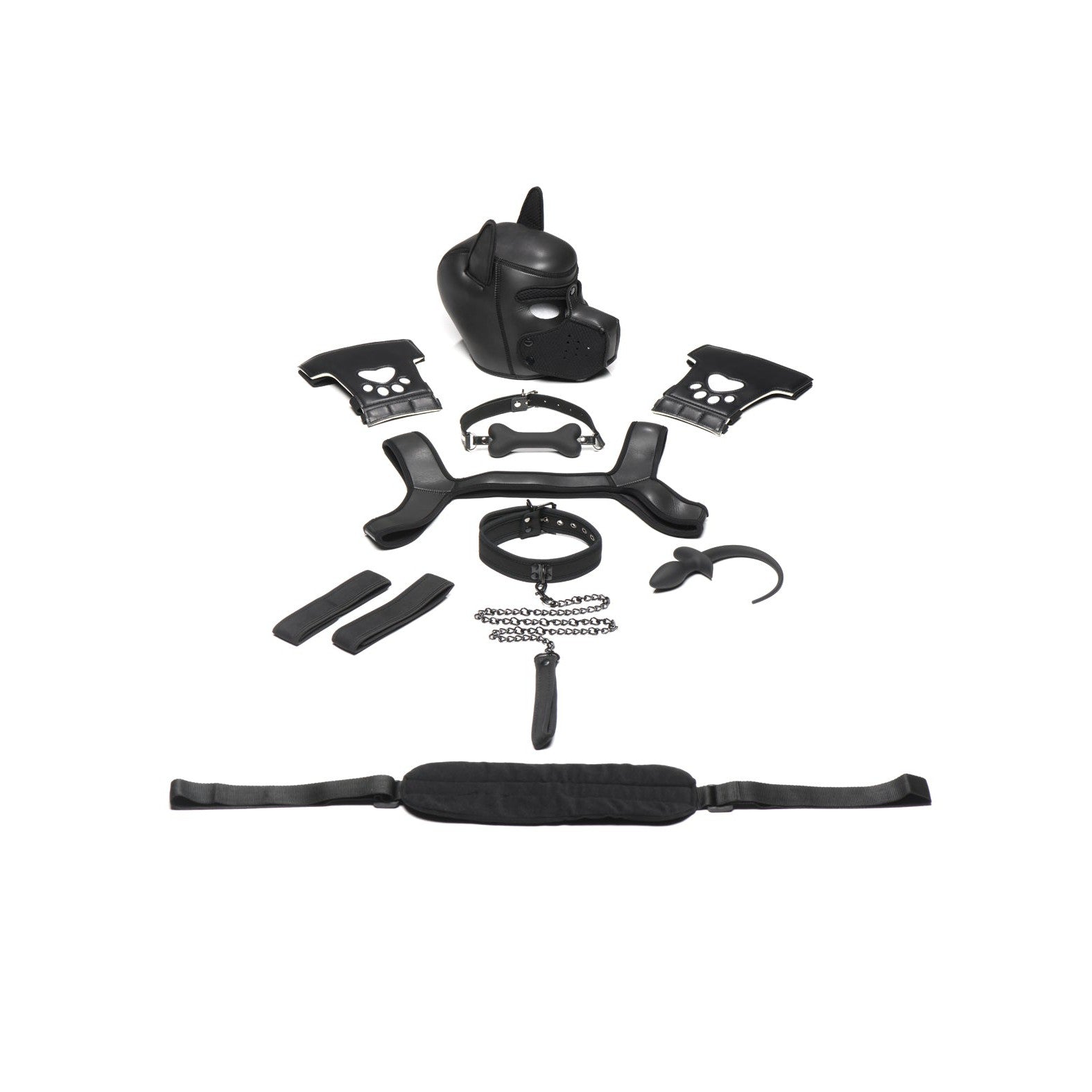 The Master Series Pup Arsenal Set by Master Series, featuring a neoprene pup hood, black dog mask, two cuffs, harness, collar, leash, and black handles, is elegantly displayed on a white background.