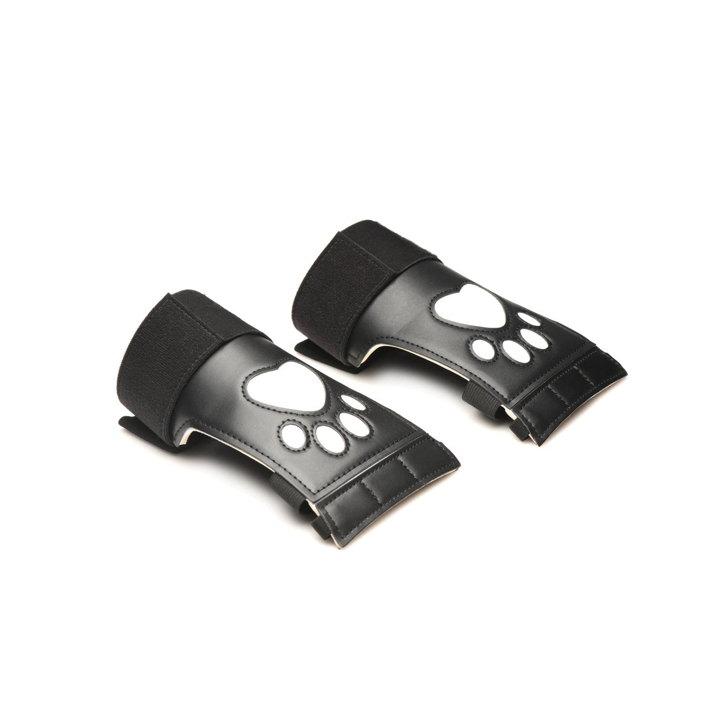 A pair of black wrist guards from the Master Series Pup Arsenal Set by Master Series features white paw print designs on top. They are displayed on a white background and angled slightly to the left.
