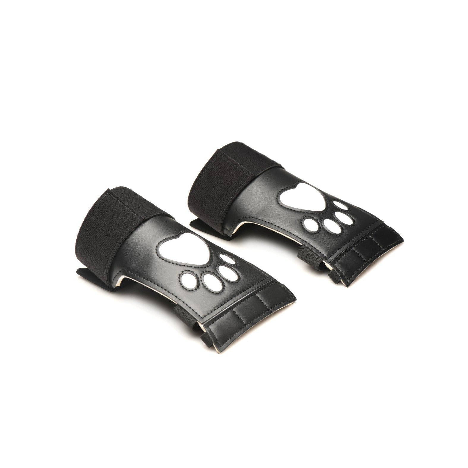 A pair of black wrist guards from the Master Series Pup Arsenal Set by Master Series features white paw print designs on top. They are displayed on a white background and angled slightly to the left.