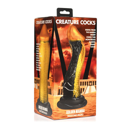 The Creature Cocks Golden Mamba Silicone Dildo features a cobra-inspired design in gold and black, with packaging highlighting a desert scene complete with pyramids, promising exquisite G-spot stimulation.